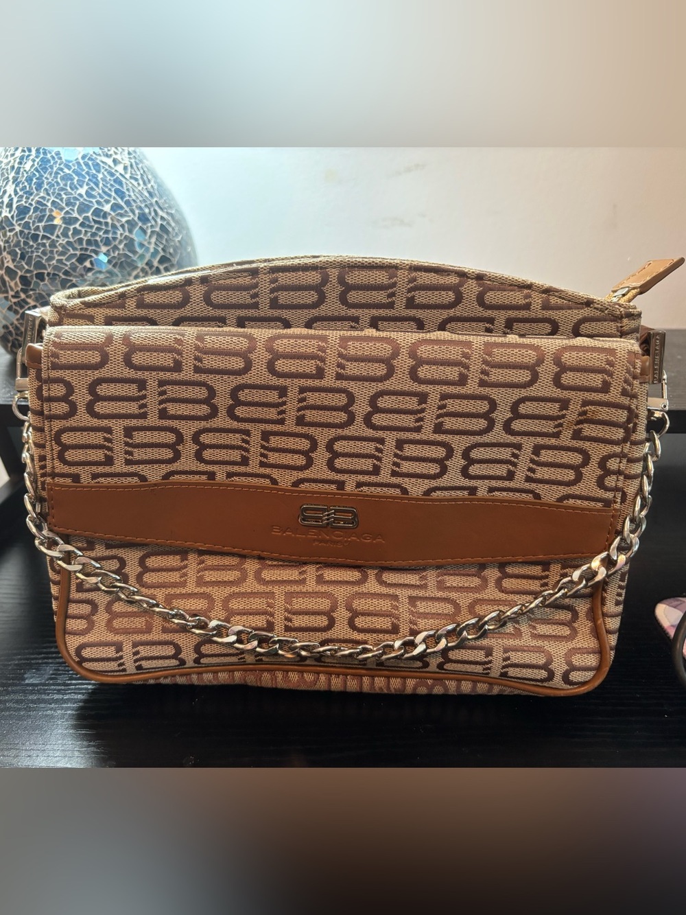Vintage Balenciaga BB Monogram Pochette Handbag Clutch Brown Canvas W/ Chain